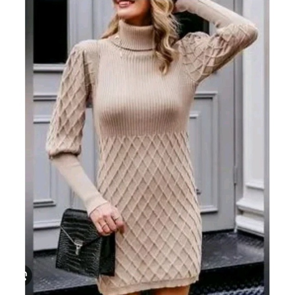 Venus Biege Long Sleeve Cable Rib Knit Turtleneck Sweater Dress Size S Mini